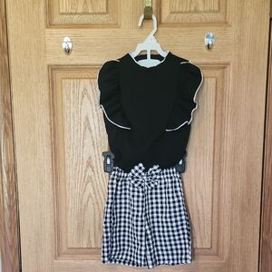 Kids Black Ruffle Top with Black And White Gingham Shorts 4T-5T *Back To School